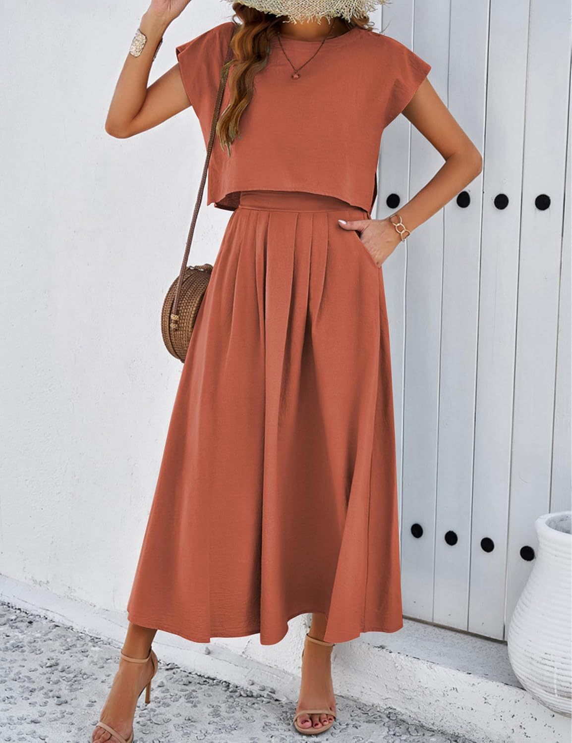 2025 Summer Skirt Sets Women 2 Piece Outfits Cap Sleeve Top Elastic Waist Maxi Dress Sets with Pockets