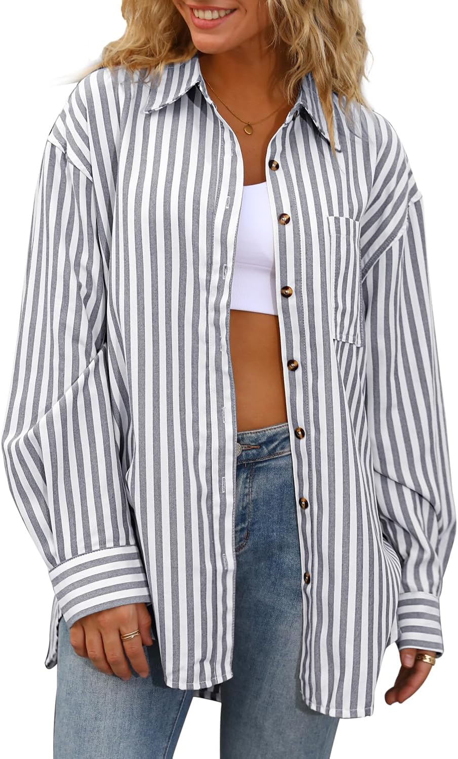 Womens Striped Button Down Shirt Casual Long Sleeve Blouse Top