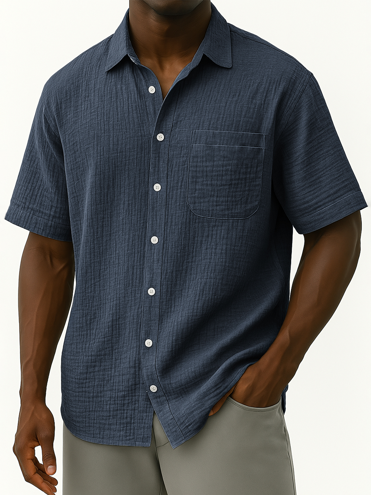 Men's Comfortable Crepe Loose Casual Vacation Short Sleeve Shirt with Chest Pocket