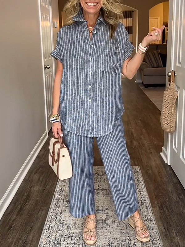 ⏰ LAST DAY SAVE 50% 💥Cotton Linen Striped Classic Pocket Shirt Set