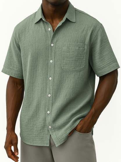 Men's Comfortable Crepe Loose Casual Vacation Short Sleeve Shirt with Chest Pocket