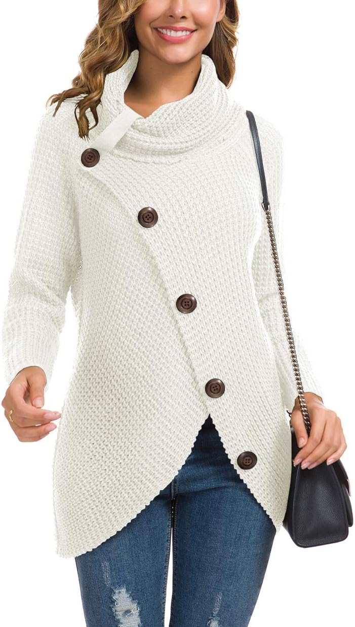 Women's Chunky Turtleneck Long Sleeve Asymmetric Hem Loose Knit Pullover Sweaters