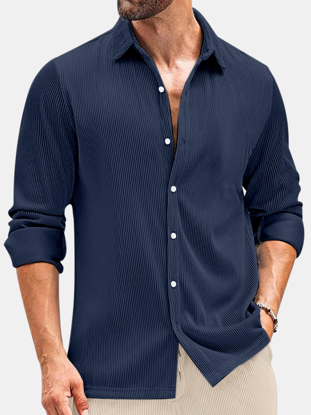 Men's Comfortable Solid Color Vertical Stripe Casual Long-sleeved Shirt
