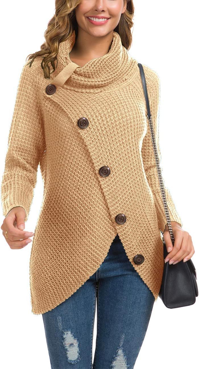 Women's Chunky Turtleneck Long Sleeve Asymmetric Hem Loose Knit Pullover Sweaters