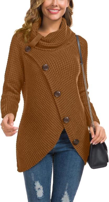 Women's Chunky Turtleneck Long Sleeve Asymmetric Hem Loose Knit Pullover Sweaters