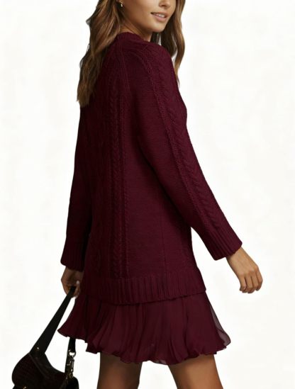Women Cable Knit Sweater Dress Crewneck Long Sleeve Pleated Mini Dress Twofer Style Patchwork Dress