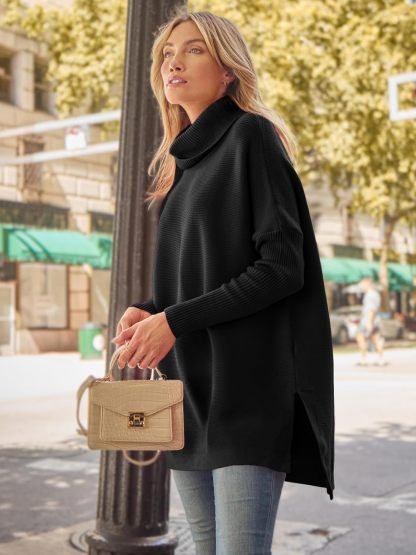 Women's Turtleneck Oversized Sweaters Long Batwing Sleeve Spilt Hem Tunic Pullover Knit Tops