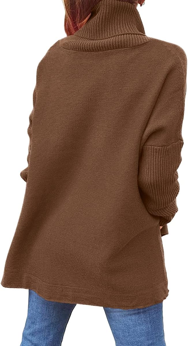 Women's Turtleneck Oversized Sweaters Long Batwing Sleeve Spilt Hem Tunic Pullover Knit Tops