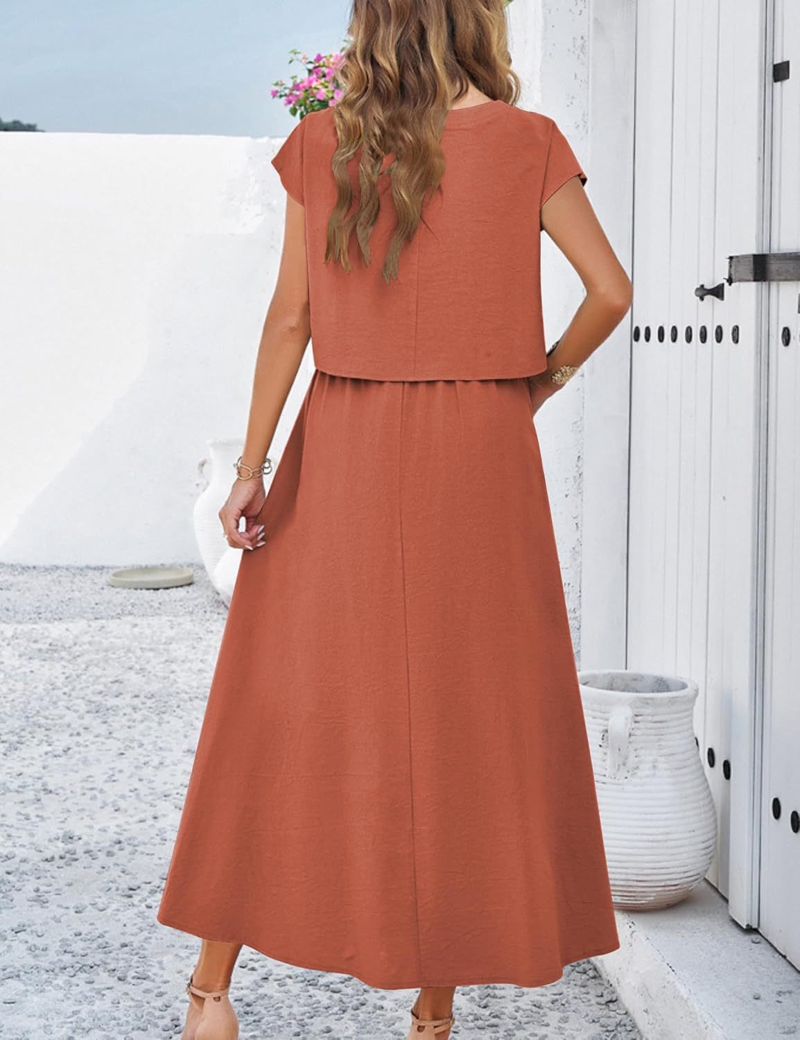 2025 Summer Skirt Sets Women 2 Piece Outfits Cap Sleeve Top Elastic Waist Maxi Dress Sets with Pockets