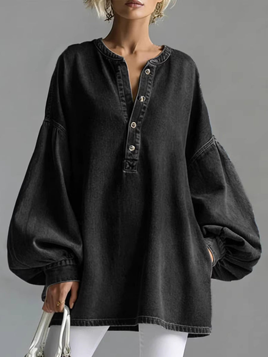 Long Sleeves Loose Buttoned Split-Joint Round-Neck Blouses&Shirts Tops