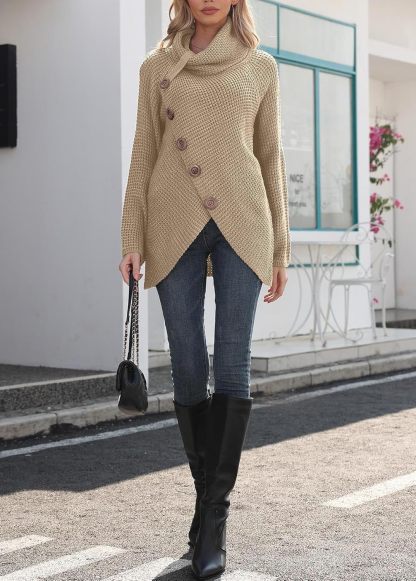 Women's Chunky Turtleneck Long Sleeve Asymmetric Hem Loose Knit Pullover Sweaters