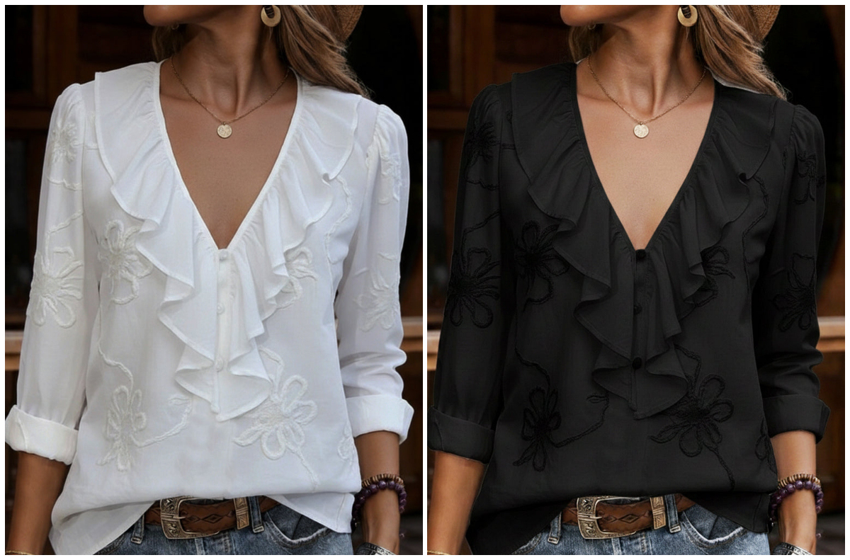 Vintage ruffled V-neck shirt with embroidered flowers