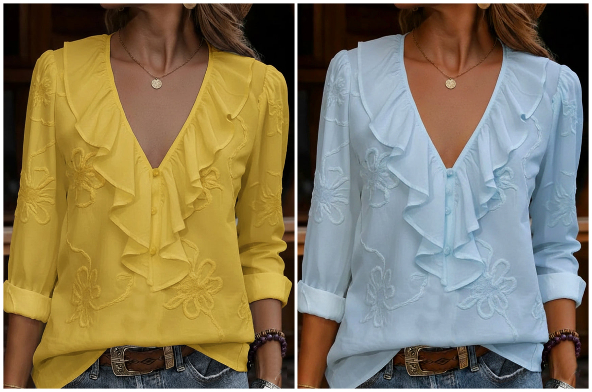 Vintage ruffled V-neck shirt with embroidered flowers