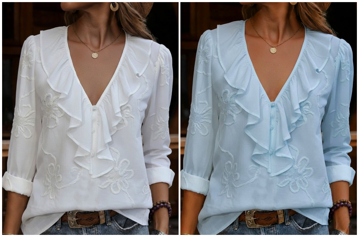 Vintage ruffled V-neck shirt with embroidered flowers