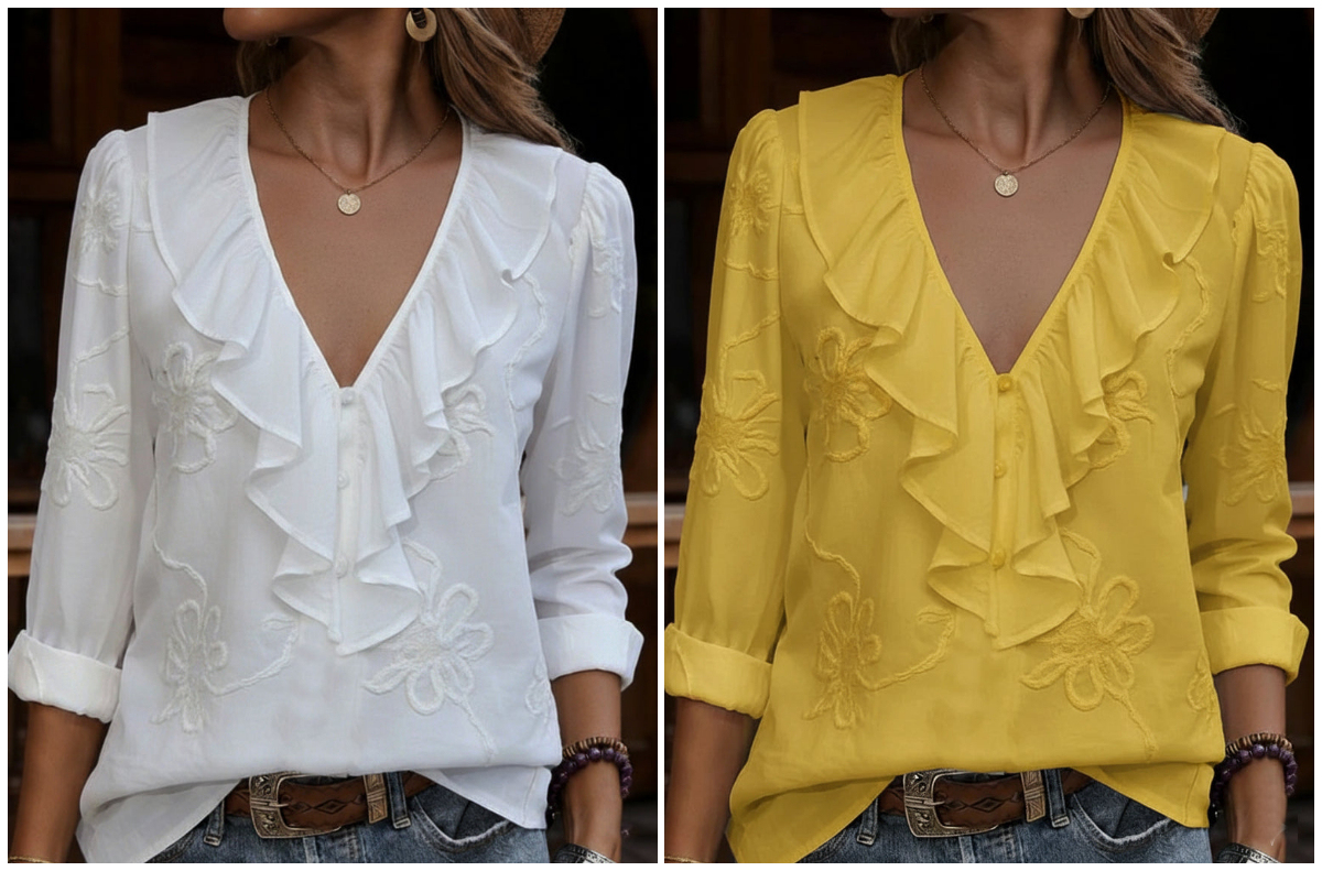 Vintage ruffled V-neck shirt with embroidered flowers