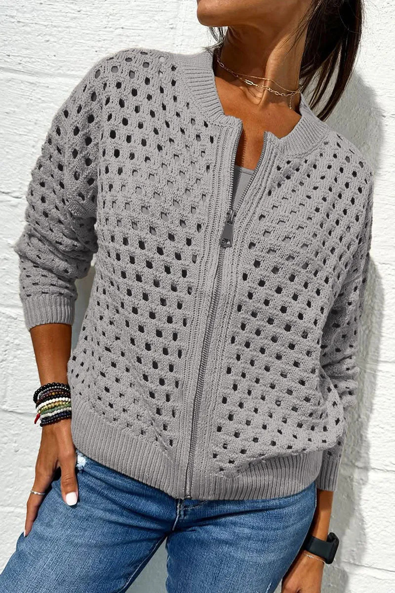 Women’s Casual Hollow Knitwear Zipper Jacket, Crochet Fishnet Knit Shr