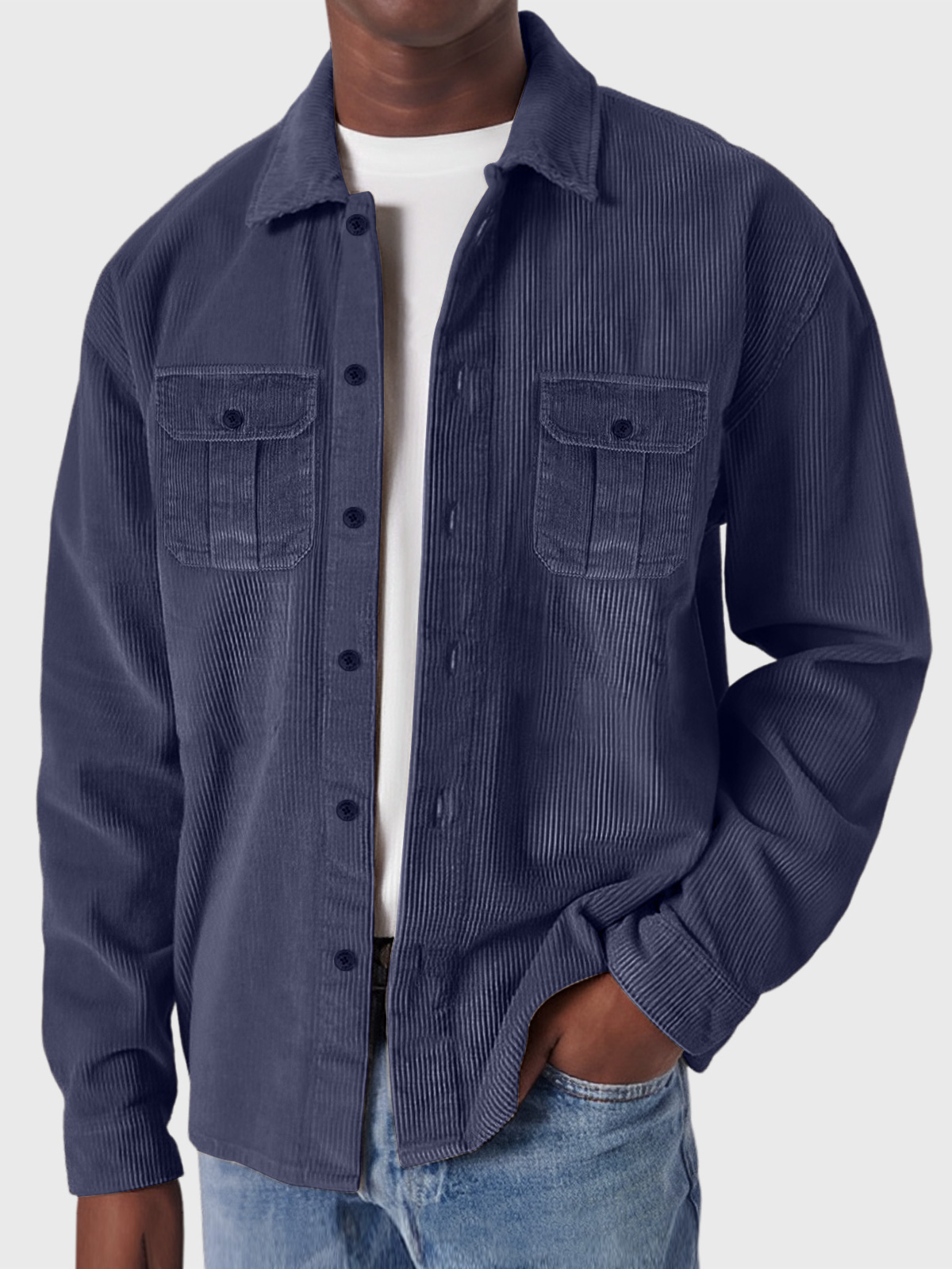Men's Casual Corduroy Double Pocket Solid Color Long Sleeve Shirt