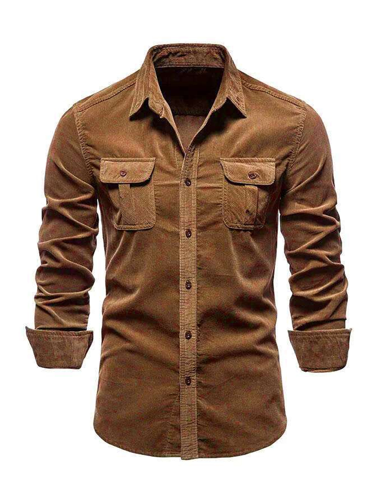 Men's Casual Corduroy Double Pocket Solid Color Long Sleeve Shirt