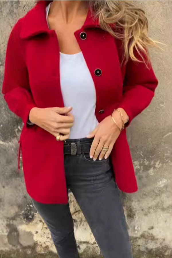 Casual Daily Solid Color Buttons Gross Turn-back Collar Outerwear Women Coat