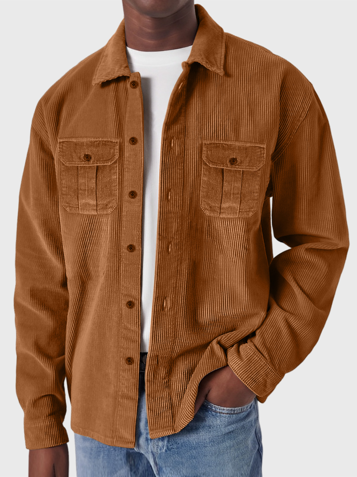 Men's Casual Corduroy Double Pocket Solid Color Long Sleeve Shirt