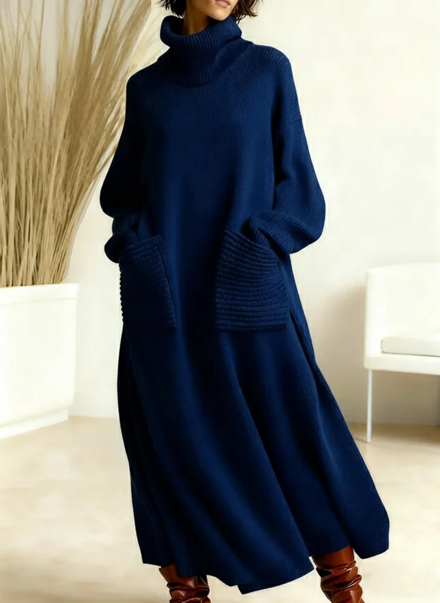 🎄 New Arrivals🔥 Women's Solid Color High-Neck Long-Sleeve Casual Loose Knit Dress