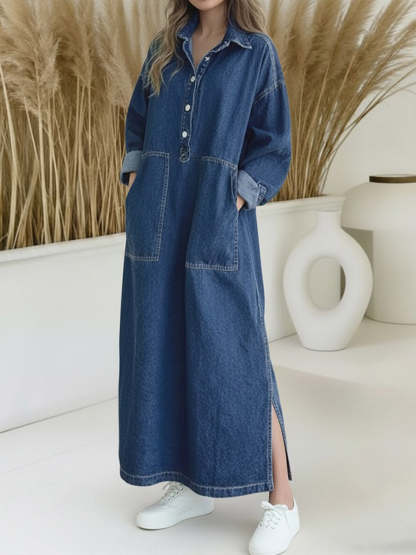 Women's Shirt Collar Long-sleeved Loose Casual Denim Dress