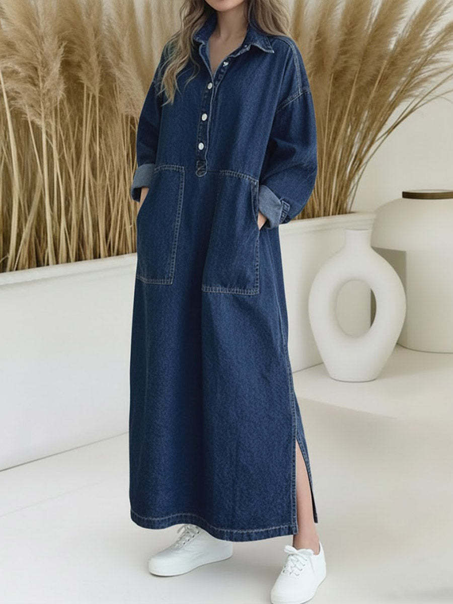 Women's Shirt Collar Long-sleeved Loose Casual Denim Dress