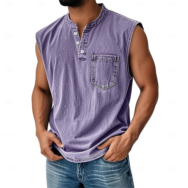 Men's Vintage Tank Top 100% Cotton Acid Wash Vest Top Undershirt Sleeveless Shirt Sleeveless Henley Summer Plain Fashion Designer Basic Pocket Buttons Vacation Street Black Top Tee for Men