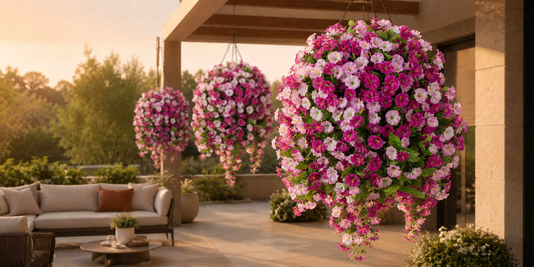 Everbloom Cascades UV-resistant artificial petunias styled on a porch