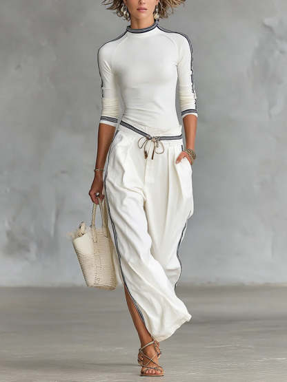 Women’s Cozy Stretch Knit Top And Linen And Cotton Trousers Two-piece Set