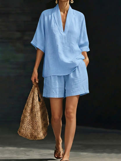 Plus Size Friendly Minimalist Cozy V-neck Shirt And Shorts Linen Cotton Two-piece Set