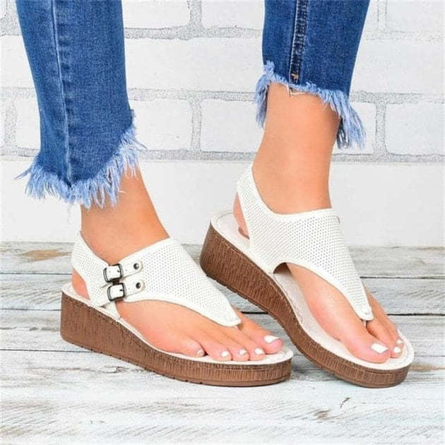 Women's Perforated Toe Wedge Sandals, Breathable Summer Wedge Heel Shoes