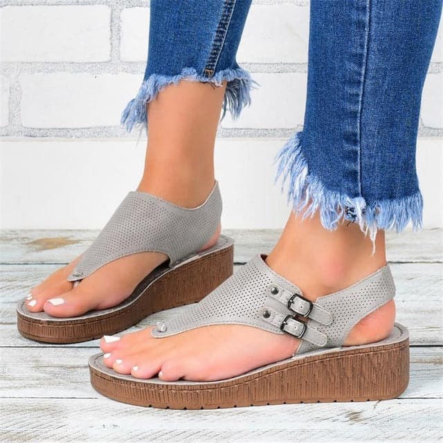 Women's Perforated Toe Wedge Sandals, Breathable Summer Wedge Heel Shoes