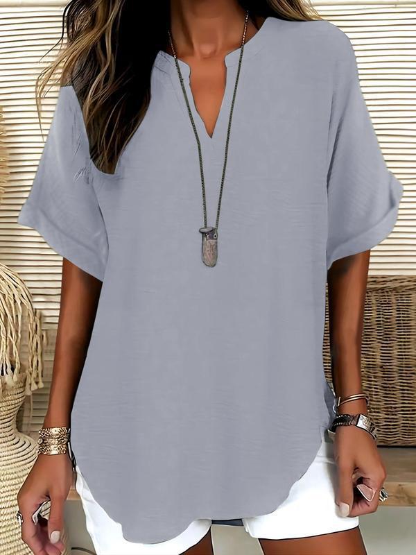 🔥Women's Plain Short Sleeve Blouse, Casual Solid Color Top for Daily Wear, Ladies Clothes for All Seasons