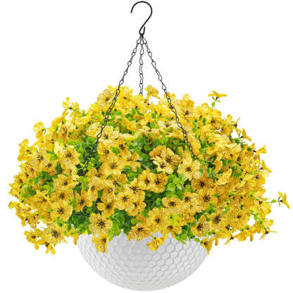 Marivn Artificial Hanging Flowers for Outdoors Fake Hanging Plants UV Resistant Spring Faux Flowers for Garden Patio Balcony Front Porch Decor Yellow