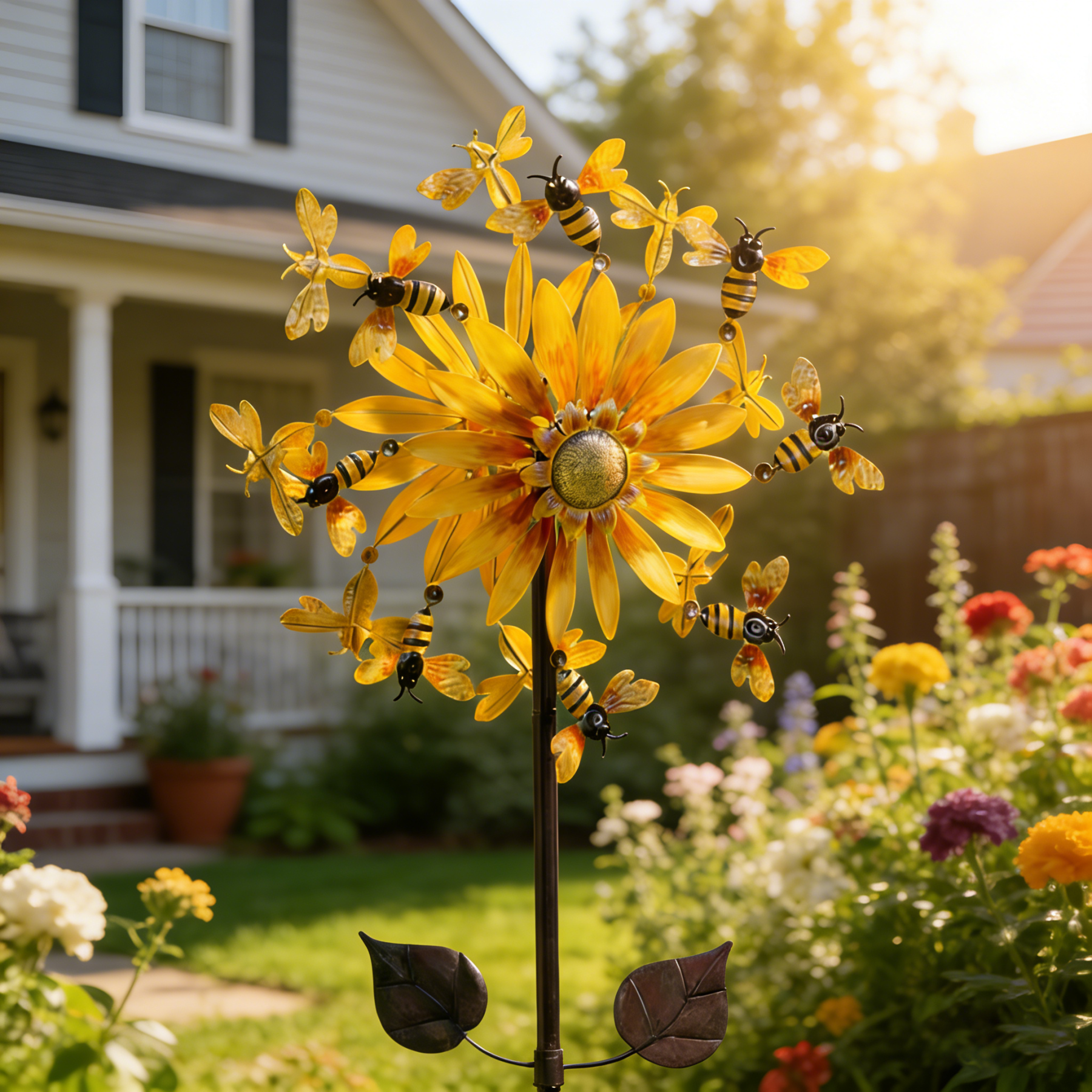 Sunflower Garden Wind Spinner with Bees & Dragonflies
