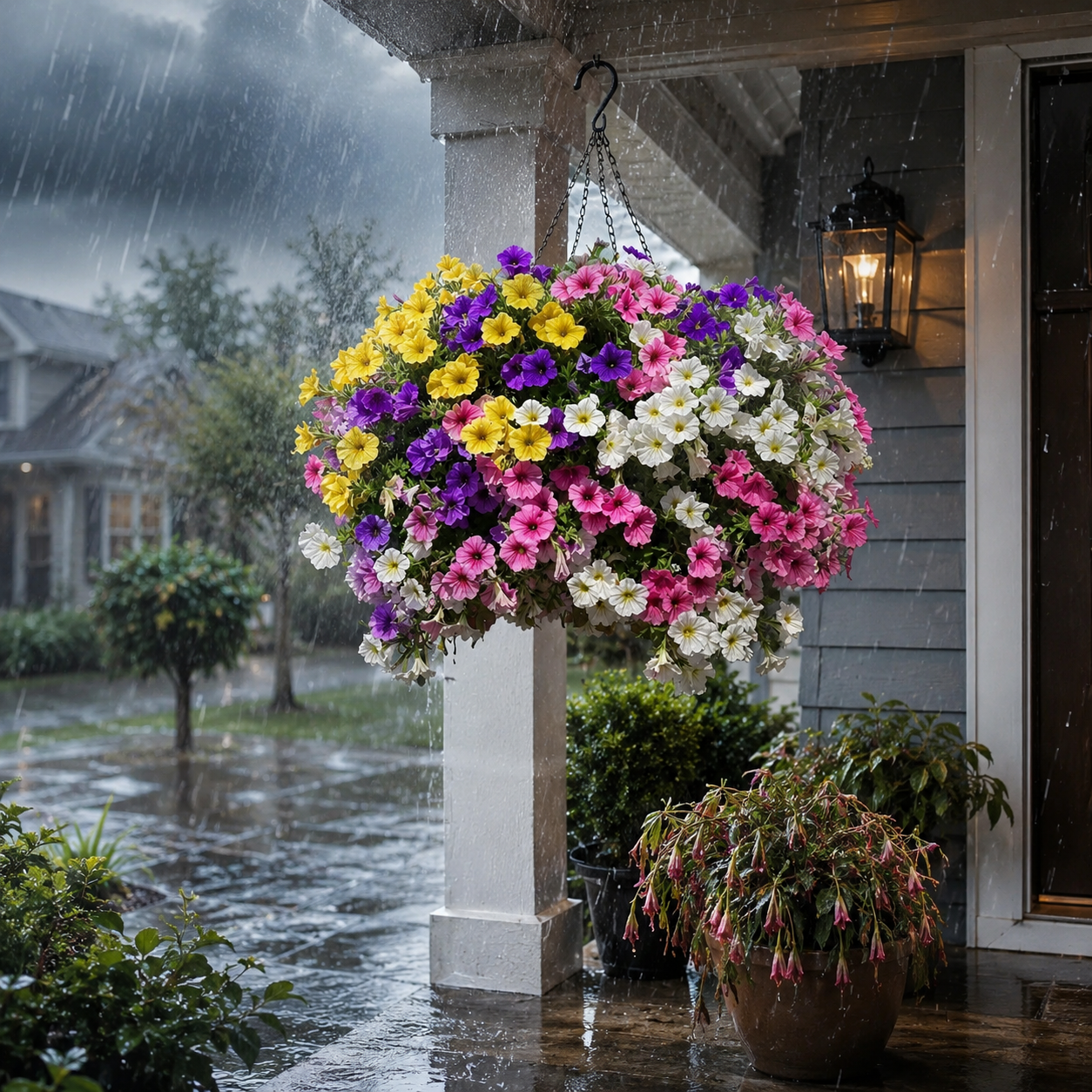 UV-resistant artificial petunias after outdoor sun and rain exposure