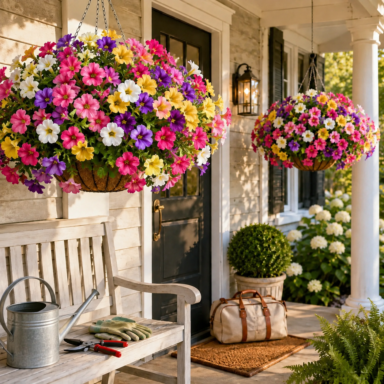 Before and after style front porch decorated with artificial petunia flowers
