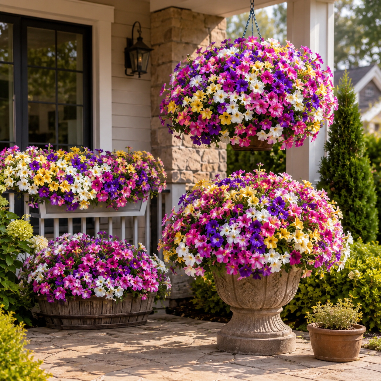 Close-up of realistic artificial petunia petals and green stems