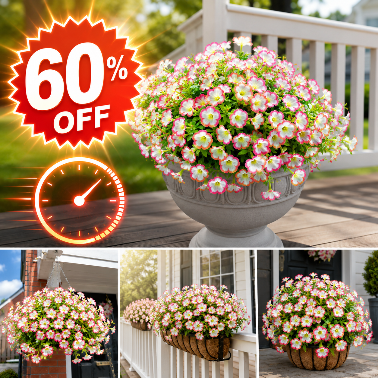 Product offer image showing Buy 1 Get 1 Free UV Resistant Artificial Petunias Flowers