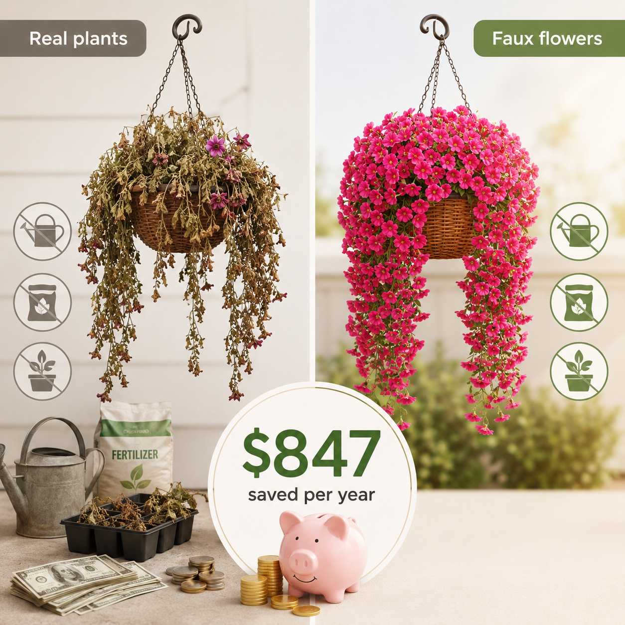 Everbloom Cascades artificial petunias helping homeowners reduce yearly plant replacement and maintenance costs