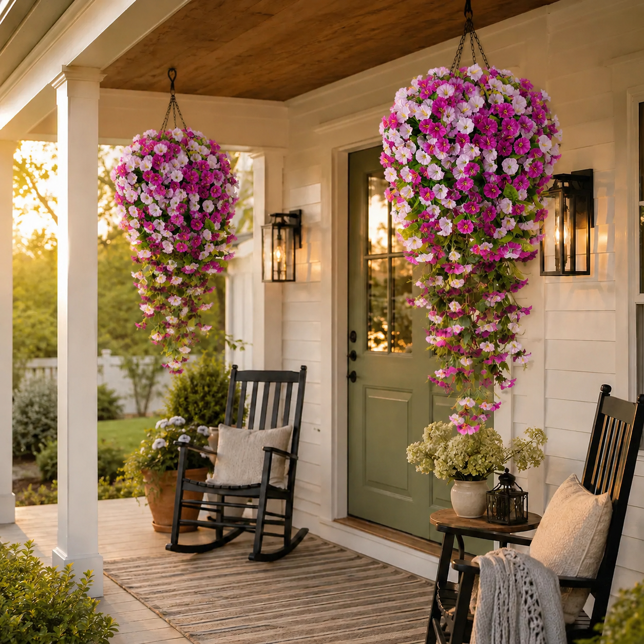 Everbloom Cascades artificial petunias transforming a front porch