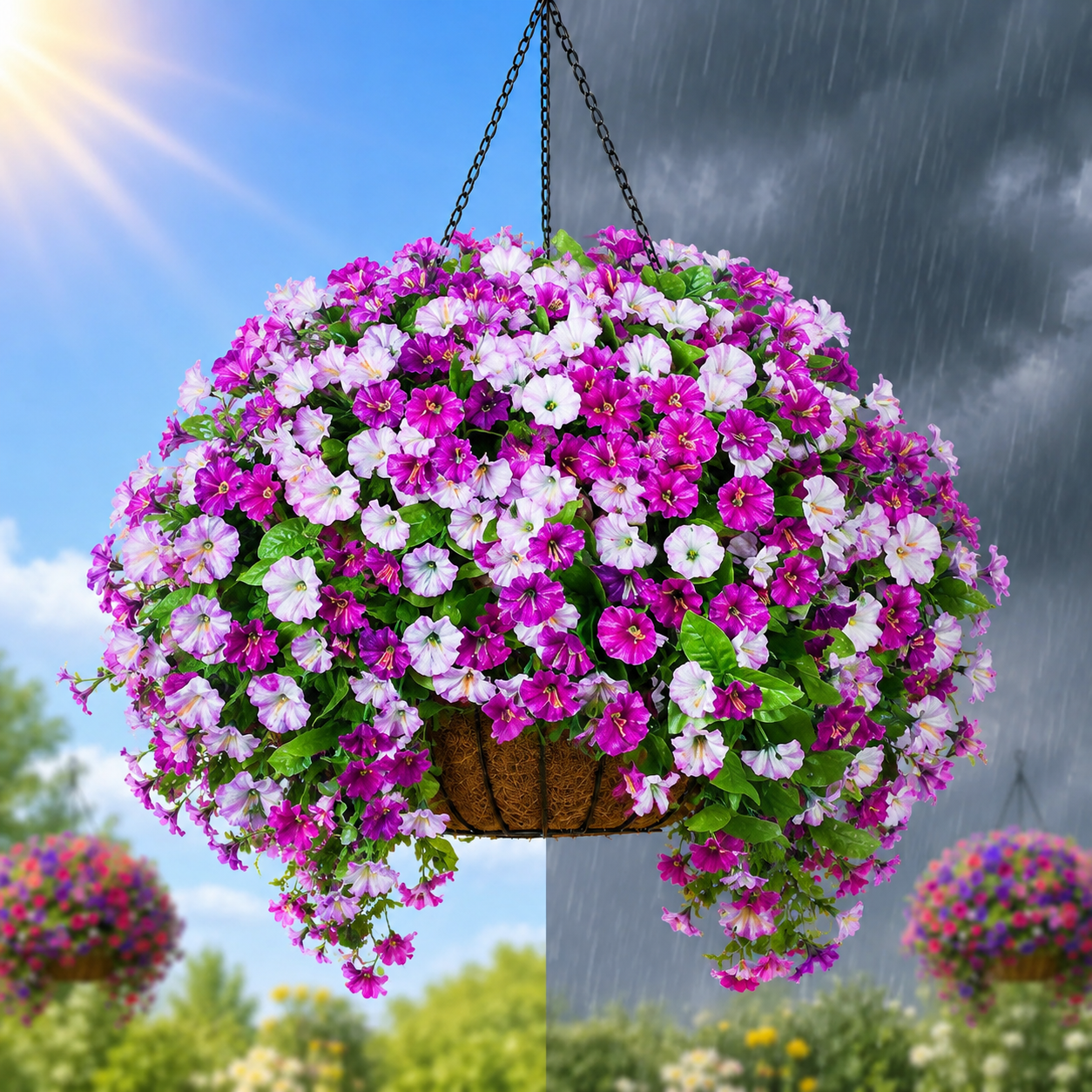 UV-resistant weatherproof artificial petunias outside in sun and rain