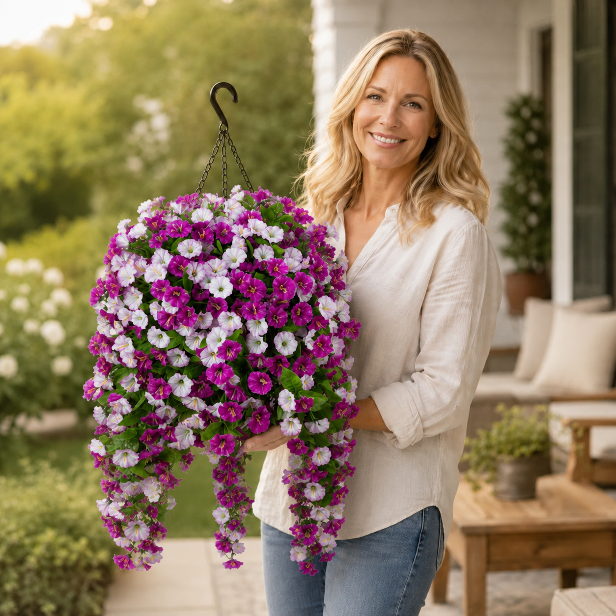 Happy homeowner with Everbloom Cascades arranged in porch planters