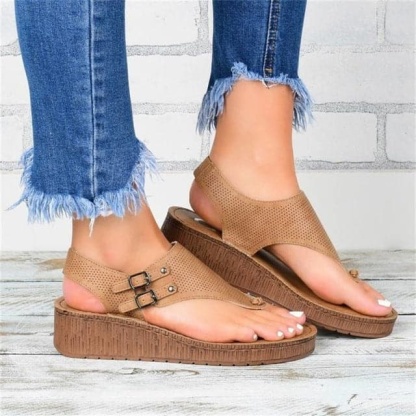 Women's Perforated Toe Wedge Sandals, Breathable Summer Wedge Heel Shoes