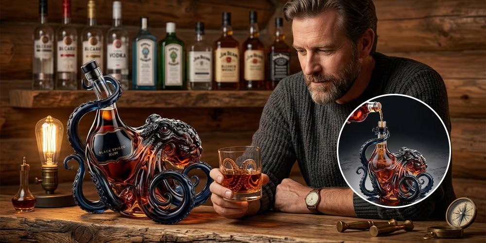 Suggested image: hero shot of The Black Spiced Rum 3D sculpted octopus bottle on a premium home bar