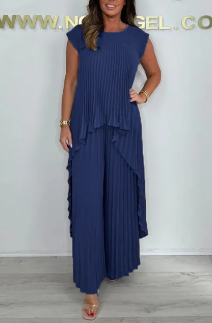 Pleated High Low Top & Trouser Two Piece Set (Buy 2 Free Shipping)