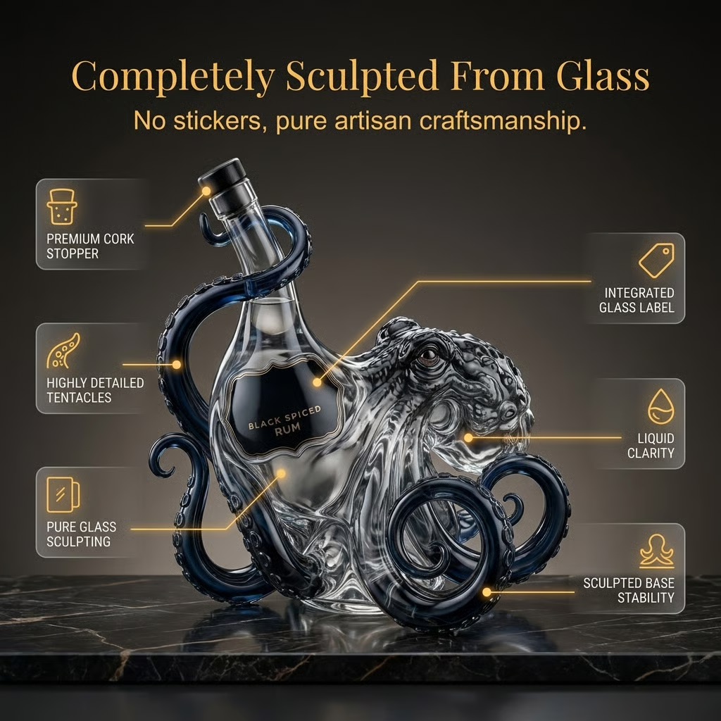 Suggested image: ordinary home bar transformed by a dramatic Kraken octopus collector bottle centerpiece