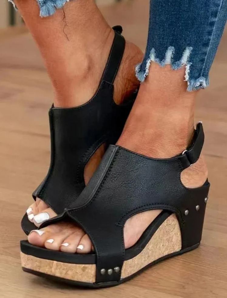 Fish Mouth Rivet Wedge Sandals for Women, Casual Adjustable Buckle Summer Platform Shoes