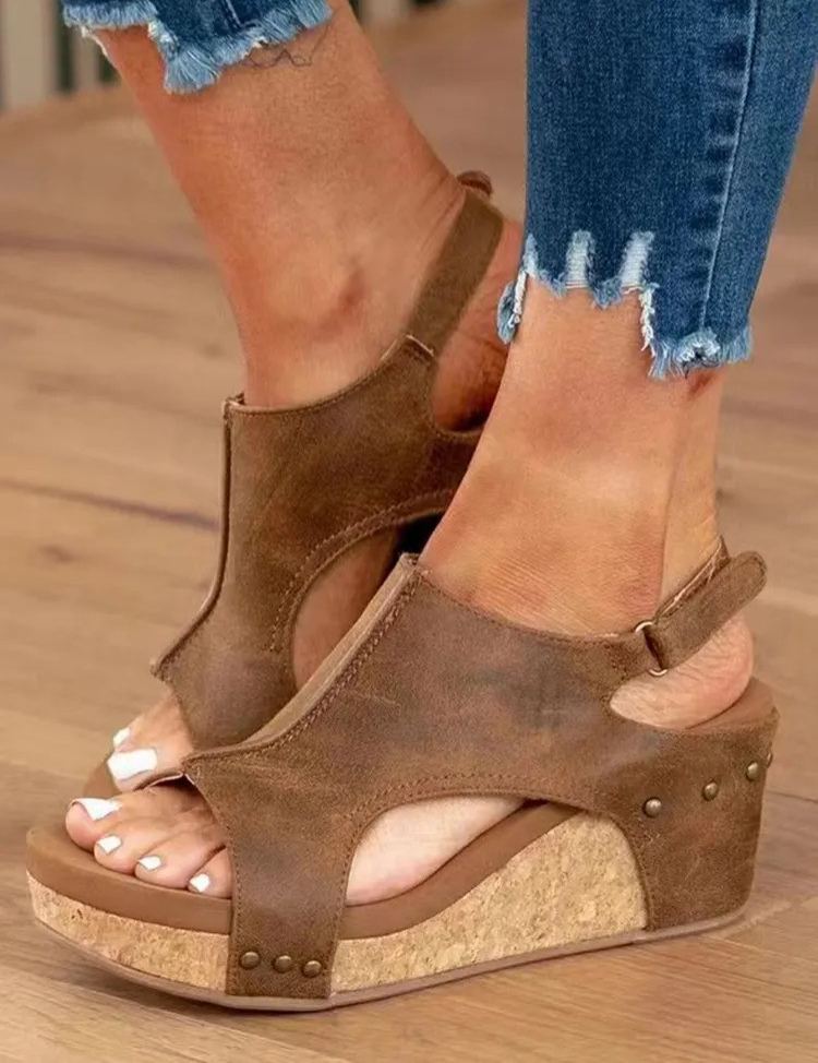 Fish Mouth Rivet Wedge Sandals for Women, Casual Adjustable Buckle Summer Platform Shoes